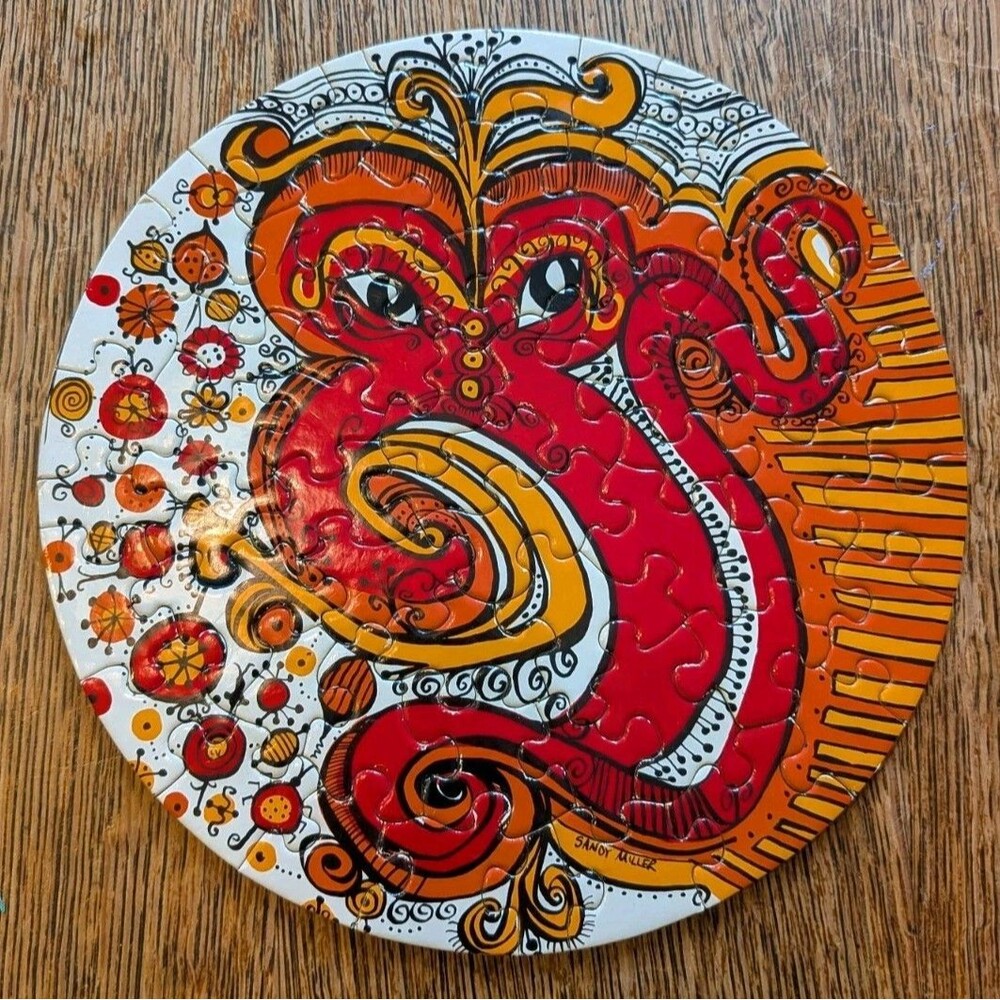 Vtg 1968 Round Puzzle Dragon Sandy Miller Springbok 7" Mini Jigsaw Drag On Rare